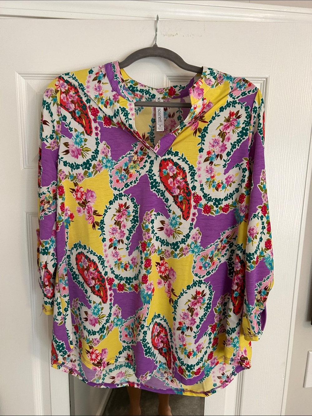 Floral Paisley Print V-Neck Women’s Top in Yellow & Purple - Picture 1 of 3